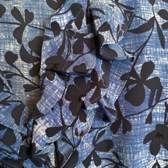 Pendleton 100% Silk Blue Black Floral Ruffle Button Blouse Top Summer  EUC Sz 16 - Picture 7 of 14